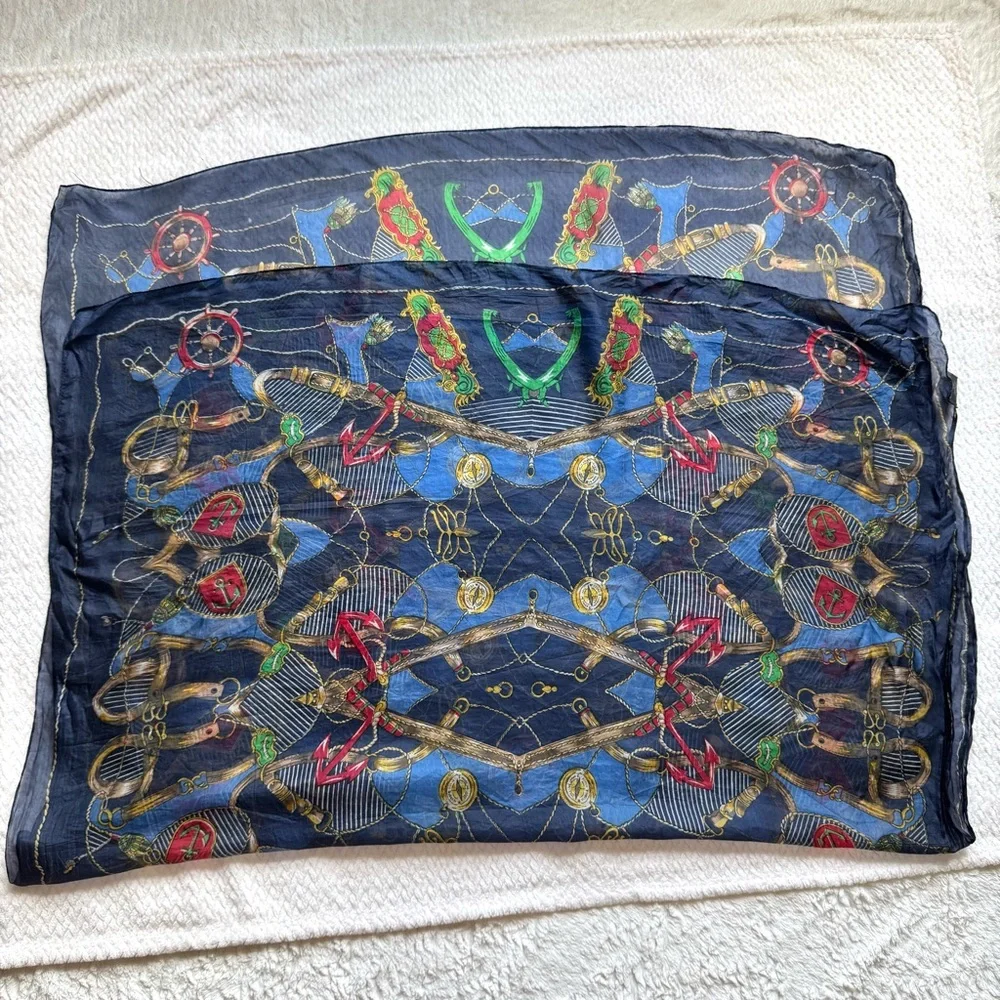 VTG Carlo Orsini Pure Silk Scarf Equestrian Nautical 41”x58” Preppy Old Money